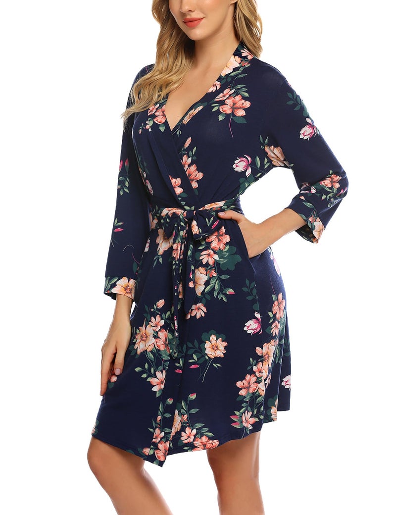 HOTOUCH Bathrobe for Women Short Knit Summer Knee Length Robes 3/4 Sleeve Robe Loungewear Navy Floral M - Image 2